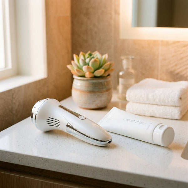 An RF device and a tube of gel on the bathroom counter